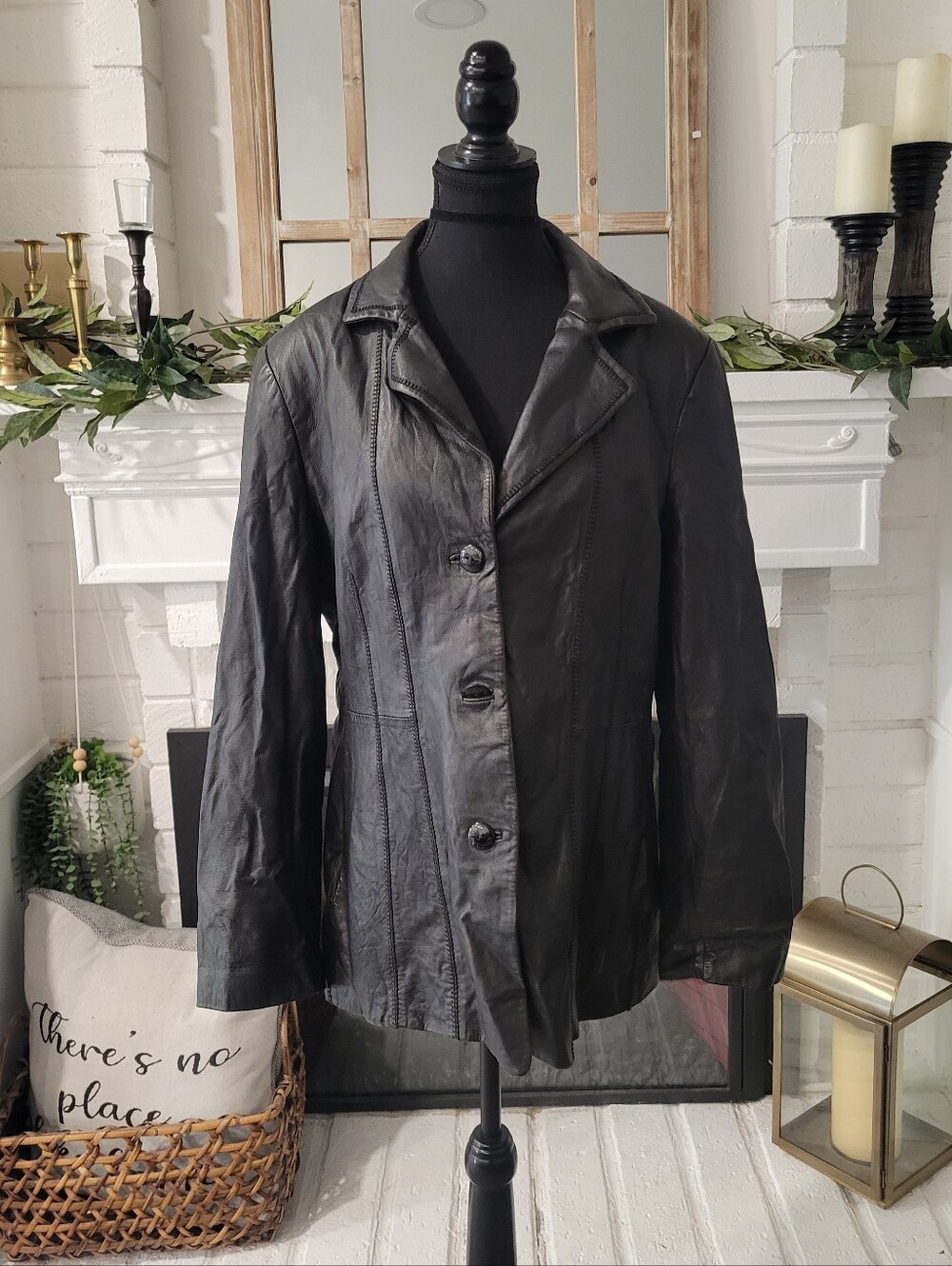 Vibtage Jones New York Black Leather Button-Front Women's Jacket Size XL